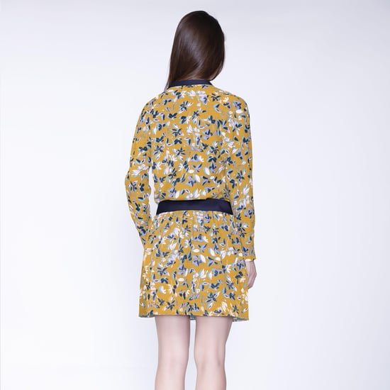 Satin collar short dress and leaves print - Image 2