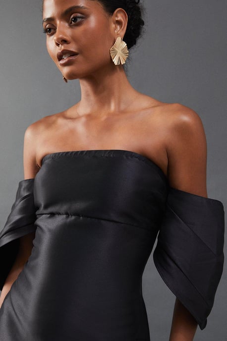 Structured Puff Sleeve Bardot Midi Dress