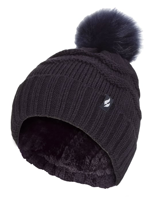 Ladies Winter Fur Beanie Hat | Heat Holders | Zigzag Patterned Pom Pom Hat | Womens Thermal Cuff Bobble Hat - Navy - Image 1
