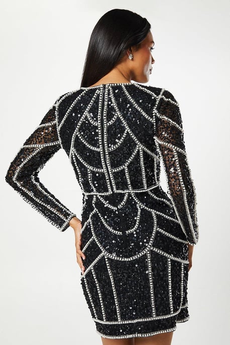 Pearl Detail Mini Dress With Long Sleeve