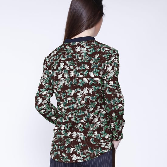Satin col-v blouse and leaves print - Image 2