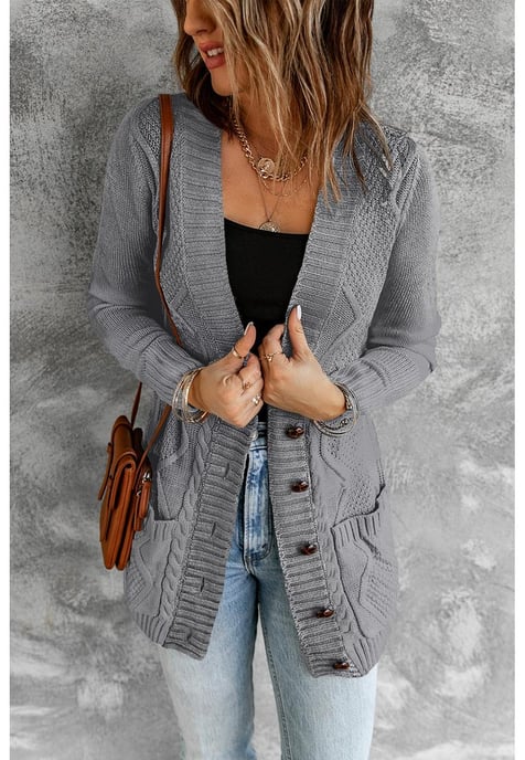 Cardigan con bolsillos frontales y cierre de botones para mujer en gris oscuro - Image 1