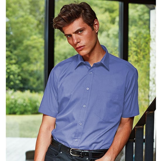 Premier Mens Short Sleeve Formal Poplin Plain Work Shirt (Mid Blue) - Image 2