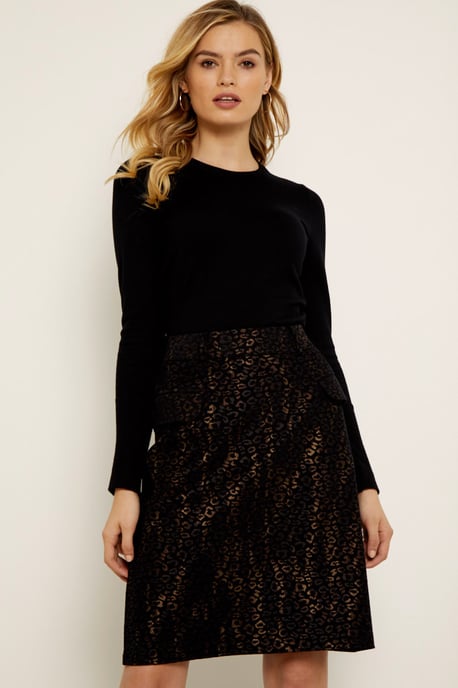 Black Metallic Leopard Print Pocket Detail Skirt