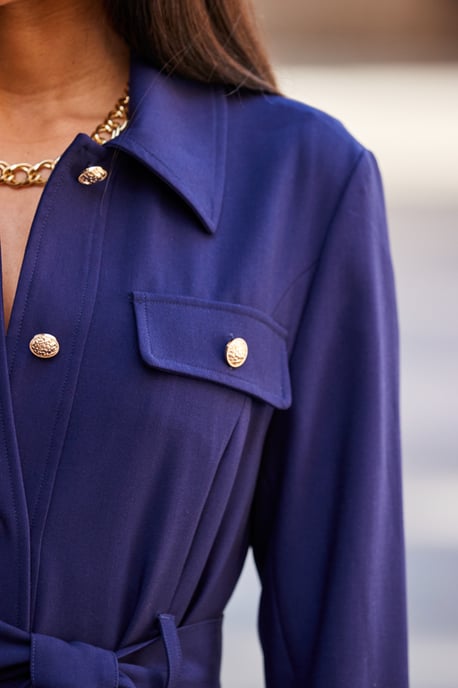 Navy Blue Belted Coat With Gold Button Detail