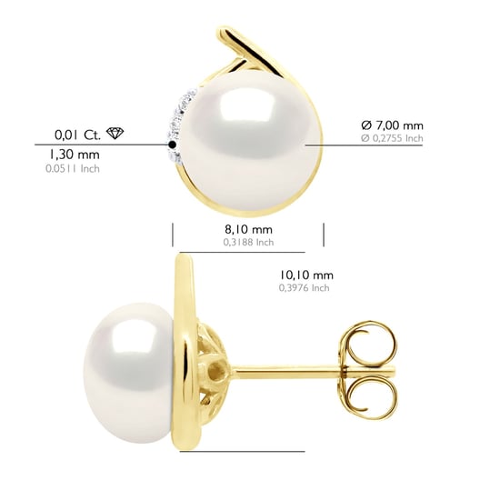 Earrings Surroundings Diamonds 0,03 Cts Yellow Gold - Real Cultured Freshwater Pearls Button 7-8 mm - Image 2