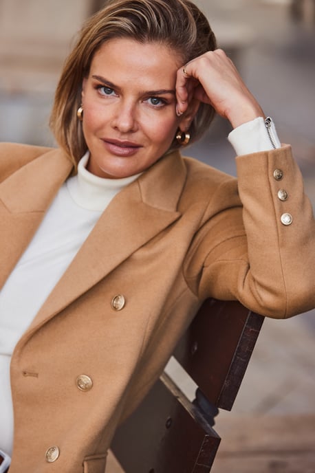 Camel Double Breasted Longline Coat With Gold Button Detail