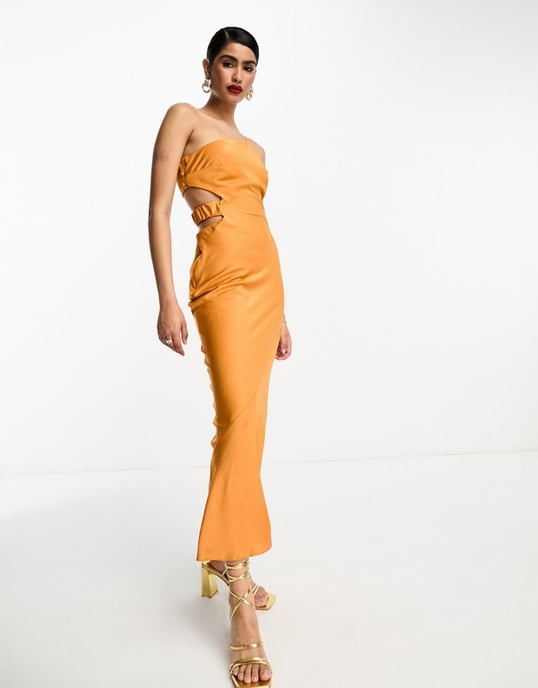 ASOS DESIGN satin one shoulder maxi dress with cut out elastic band detail in sunset orange - Image 4