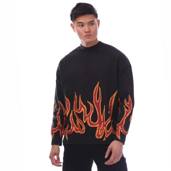 Men's Palm Angels Garment Dye Graffiti Flames Crewneck Sweatshirt in Black Red