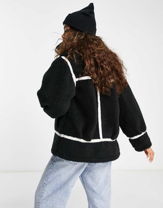 Miss Selfridge Petite faux fur aviator oversized coat in black