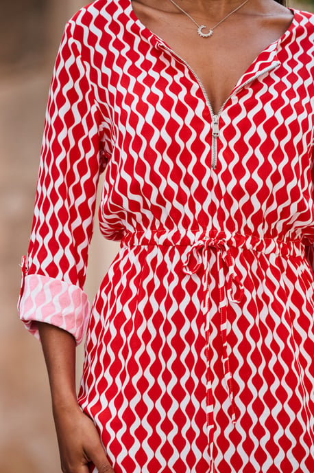 Red Geometric Print Tie Waist Dress