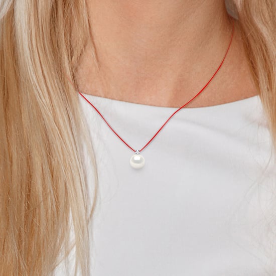DIADEMA - Necklace - Red Nylon - White Freshwater Pearl and Real Diamond