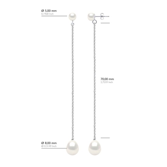 Double Earrings White Gold - Real Cultured Freshwater Pearls Button 5-6 mm + Pear 8-9 mm - Image 2
