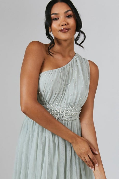 One Shoulder Pearl Embellished Mesh Bridesmaids Midi Dress - Image 4