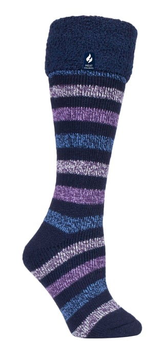 Heat Holders - Mujeres / Damas Calcetines de rayas extra largos para botas de agua | Calcetines térmicos con puño - Navy Stripe - Image 1