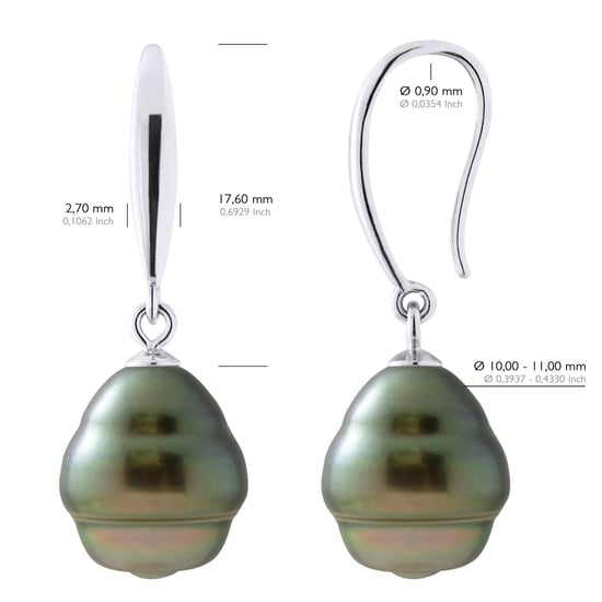 Earrings of Silver 925 and Real Cultured Tahiti Pearls Circled 10-11 mm