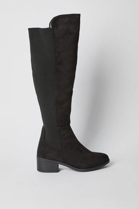 Wide Fit Hannah Elastic Back Low Heel Almond Toe Knee Boots - Image 1