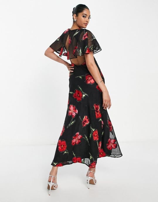 ASOS DESIGN fluted sleeve maxi dress with cut out back in jacquard rose print-Multi