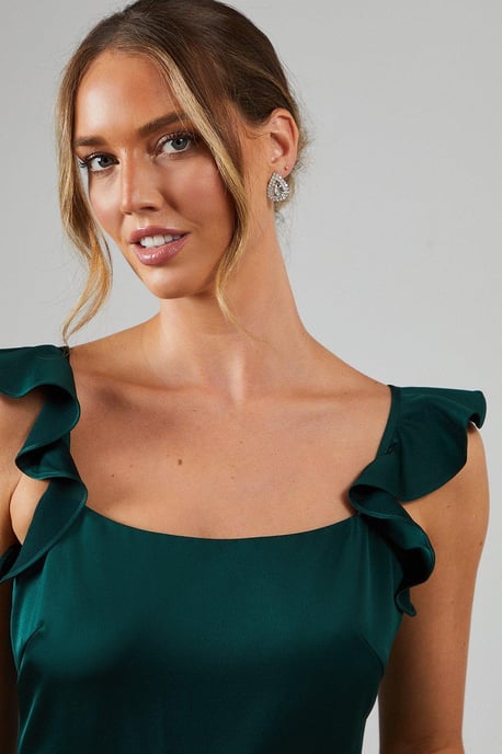 Ruffle Square Neck Satin Bridesmaids Midi Dress - Image 4