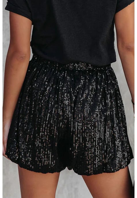 Pantalones cortos casuales de cintura alta con lentejuelas para mujer en negro - Image 3