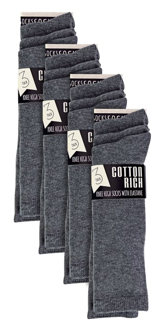 12 Pair Multipack Girls Knee High Socks | Calcetines Escolares de Algodón Largos y Transpirables | Opción de Color - Gris, Negro, Blanco, Azul - Gris - Image 2