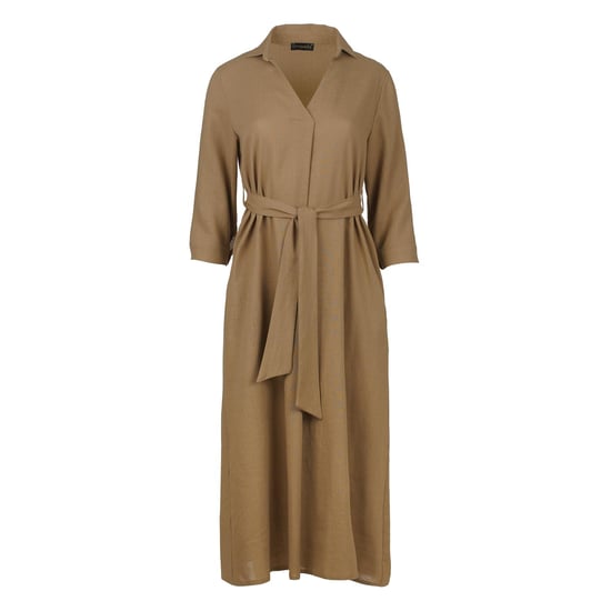 Vestido midi estilo lino beige con cinturón - Image 2