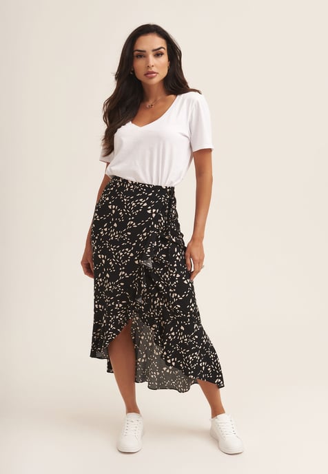 Falda midi cruzada con volantes y estampado animal - Image 1