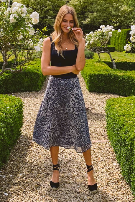 Grey Leopard Print Midi Skirt