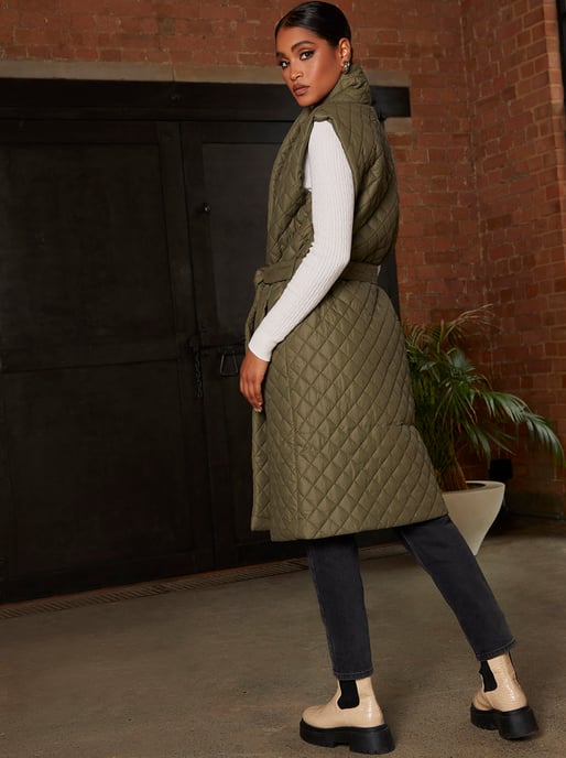 Diamond Quilted Longline Belted Gilet in Khaki