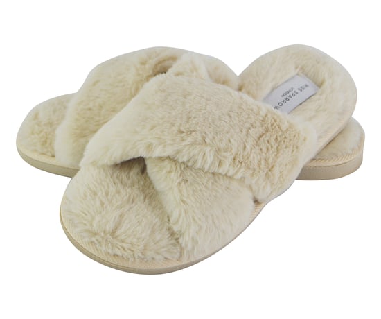 Miss Sparrow - Womens Open Toe Bedroom House Slippers with Back | Soft Fluffy Plush Cozy Anti-Slip Crossover Sliders - Cream - Image 1