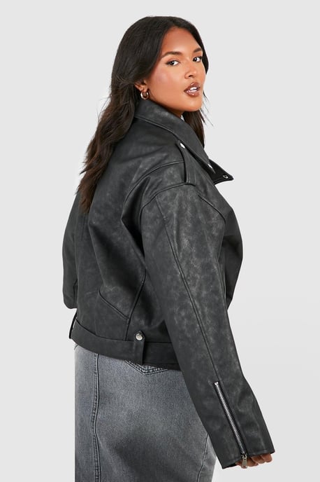 Plus Vintage Wash Pu Oversized Biker Jacket - Image 2