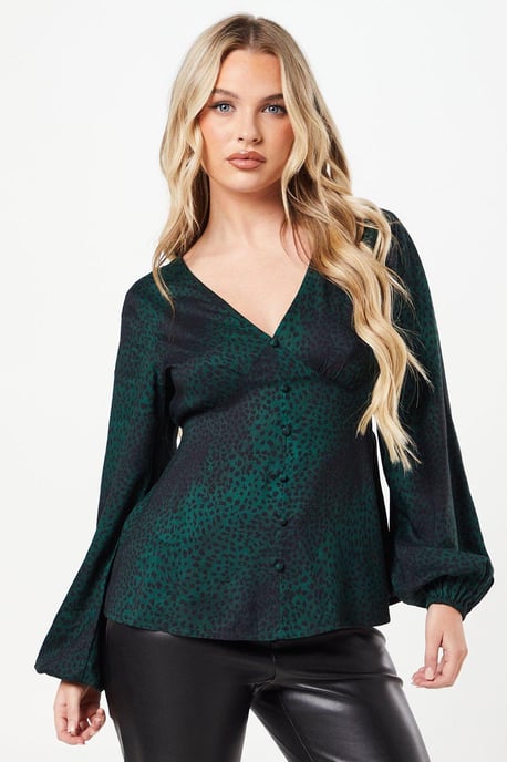 Petite Khaki Animal Long Sleeve Button Front Tea Blouse - Image 1