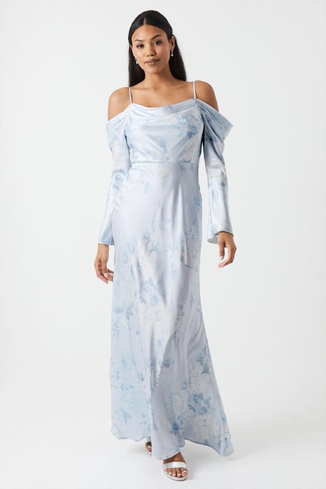 Printed Long Sleeve Cowl Bridesmaids Dress