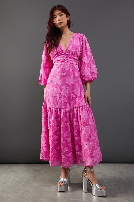 Burnout Chiffon Plunge Neck Ruched Bodice Peplum Midi Dress - Image 1