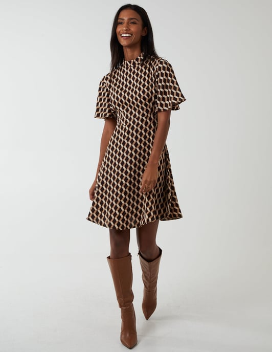 Geo Print Angel Sleeve Mini Dress