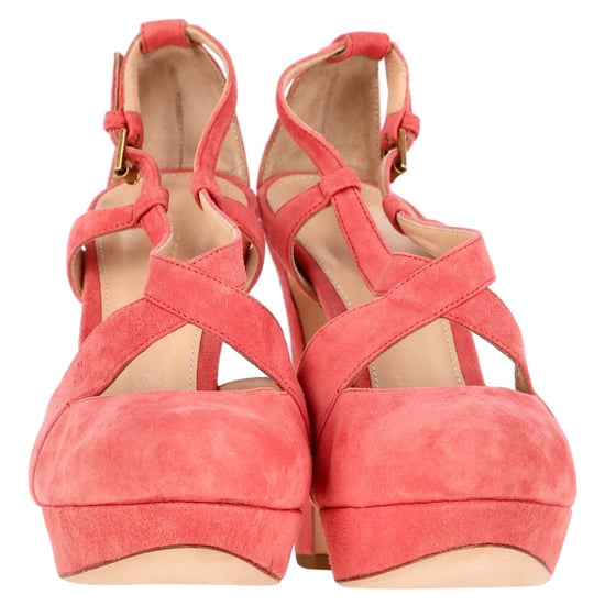 Jil Sander Cross Strap Chunky Heel Platform Pumps in Coral Suede - Image 2