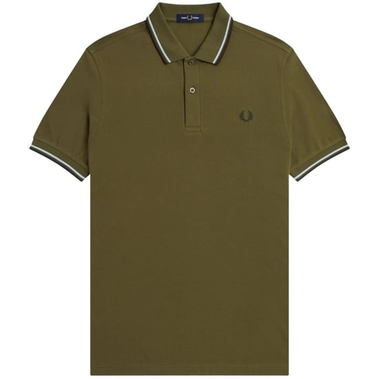 Polo verde oscuro con cuello con ribetes dobles en marrón de Fred Perry - Image 1