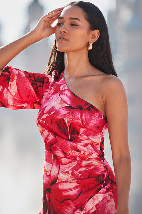 Pink Floral Print One Shoulder Midi Dress