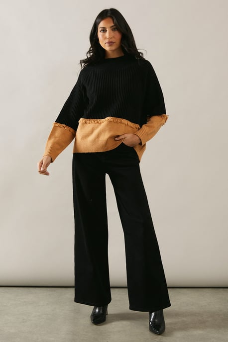 Colour Block Fringe Detail High Neck Jumper
