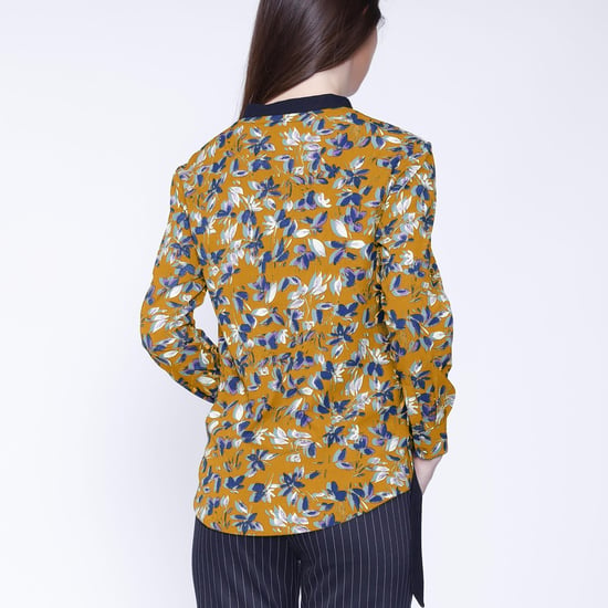 Satin col-v blouse and leaves print - Image 2