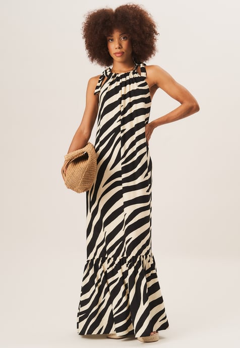 Zebra Print Tie Shoulder Maxi Dress
