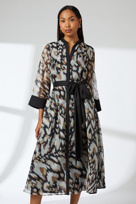 Black Belted Contrast Detail Collarless Shirt Dress