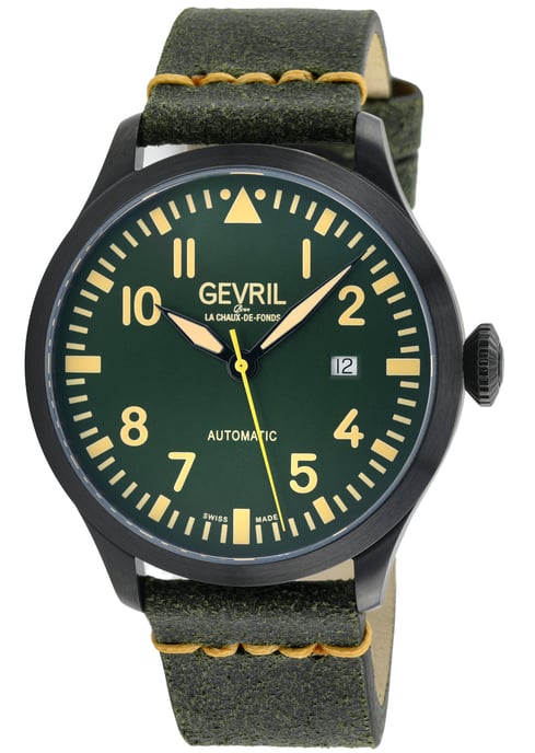Gevril Men's Vaughn  Swiss Automatic Selitta SW200 Black/Beige Dial, Genuine Leather Watch