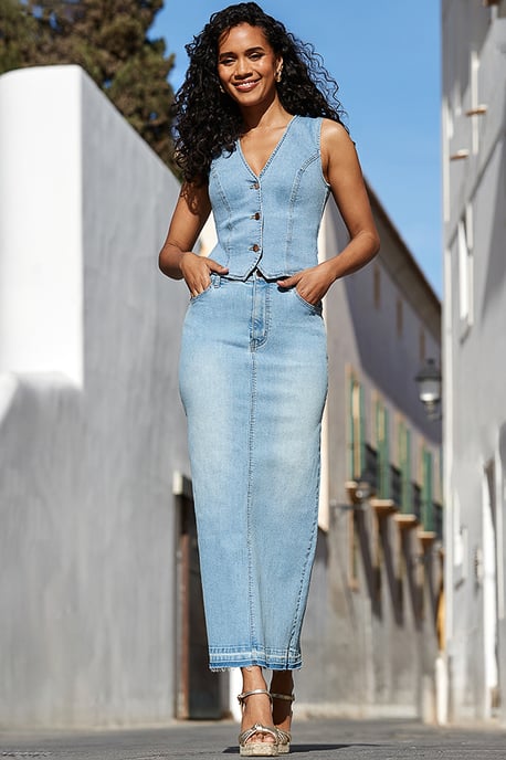 Light Wash Denim Midi Skirt