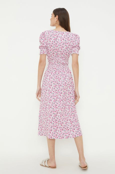Pink Ditsy Shirred Waist Midi Dress - Image 3