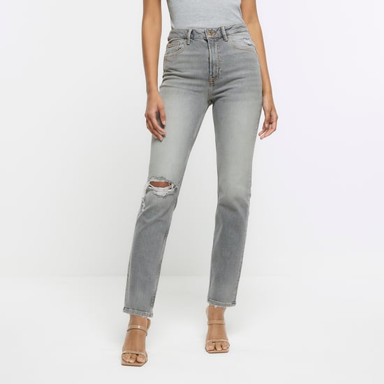 River Island Womens Straight Jeans Grey Ripped High Waisted Slim