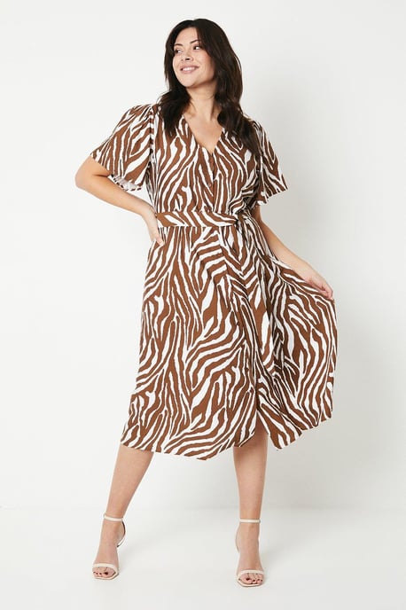 Curve Animal Print Blend Belted Button Midi Tea Dress