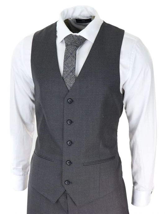 Traje retro clásico de 3 piezas con puntadas en gris carbón para hombre - Image 2