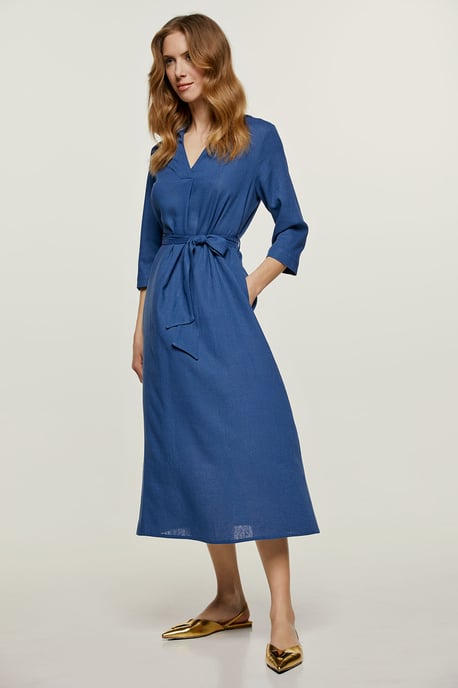 Vestido midi estilo lino azul con cinturón - Image 5