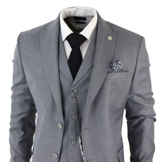 Traje clásico gris liso de 3 piezas para hombre - Image 3